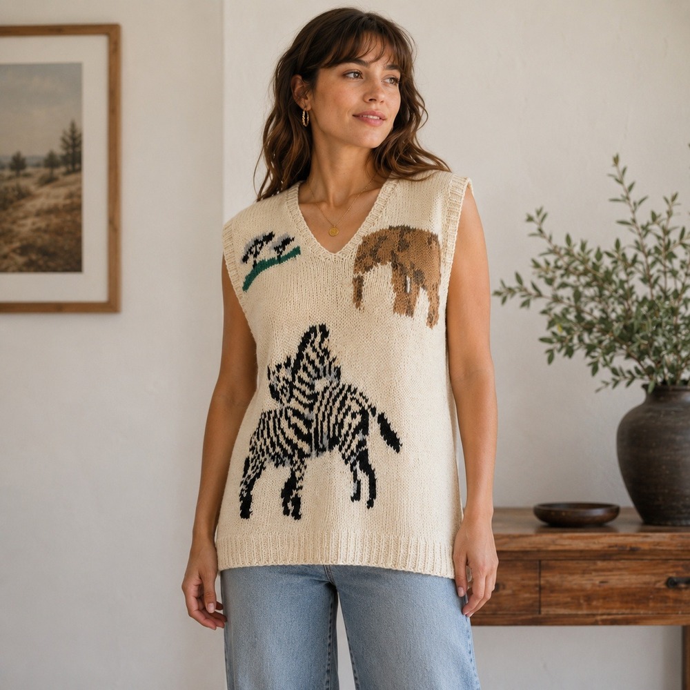 Vintage Needleworks Linen Open Knit Sweater Vest Safari‎ Animals Women's Medium